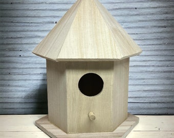 10" Unfinished Hexagon Birdhouse. Plain Wood DIY Birdhouse. Ready to Paint Birdhouse. Gazebo Birdhouse.