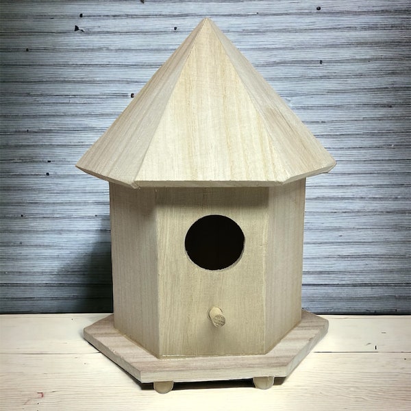 10" Unfinished Hexagon Birdhouse. Plain Wood DIY Birdhouse. Ready to Paint Birdhouse. Gazebo Birdhouse.