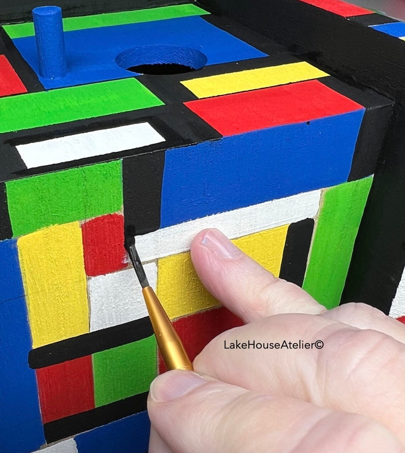 OOAK Birdhouse, Hand Painted. Rubik's Cube Birdhouse, Hand Painted, Cubist. Piet Mondrian House. image 4