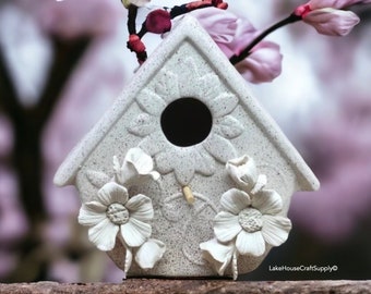 Large Ceramic Birdhouse with Floral Embellishments. Ceramic Backyard Birdhouse.