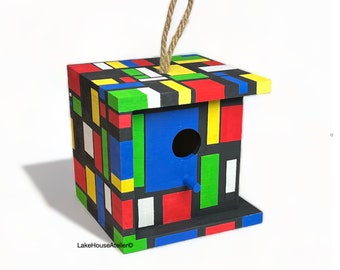 OOAK Birdhouse, Hand Painted. Rubik's Cube Birdhouse, Hand Painted, Cubist. Piet Mondrian House.