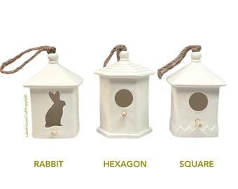 ASSORTED Plain ceramic birdhouses: hexagon, square, beehive, round, rabbit, mushroom shapes. Ready to paint birdhouses.