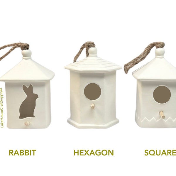 ASSORTED Plain ceramic birdhouses: hexagon, square, beehive, round, rabbit, mushroom shapes. Ready to paint birdhouses.