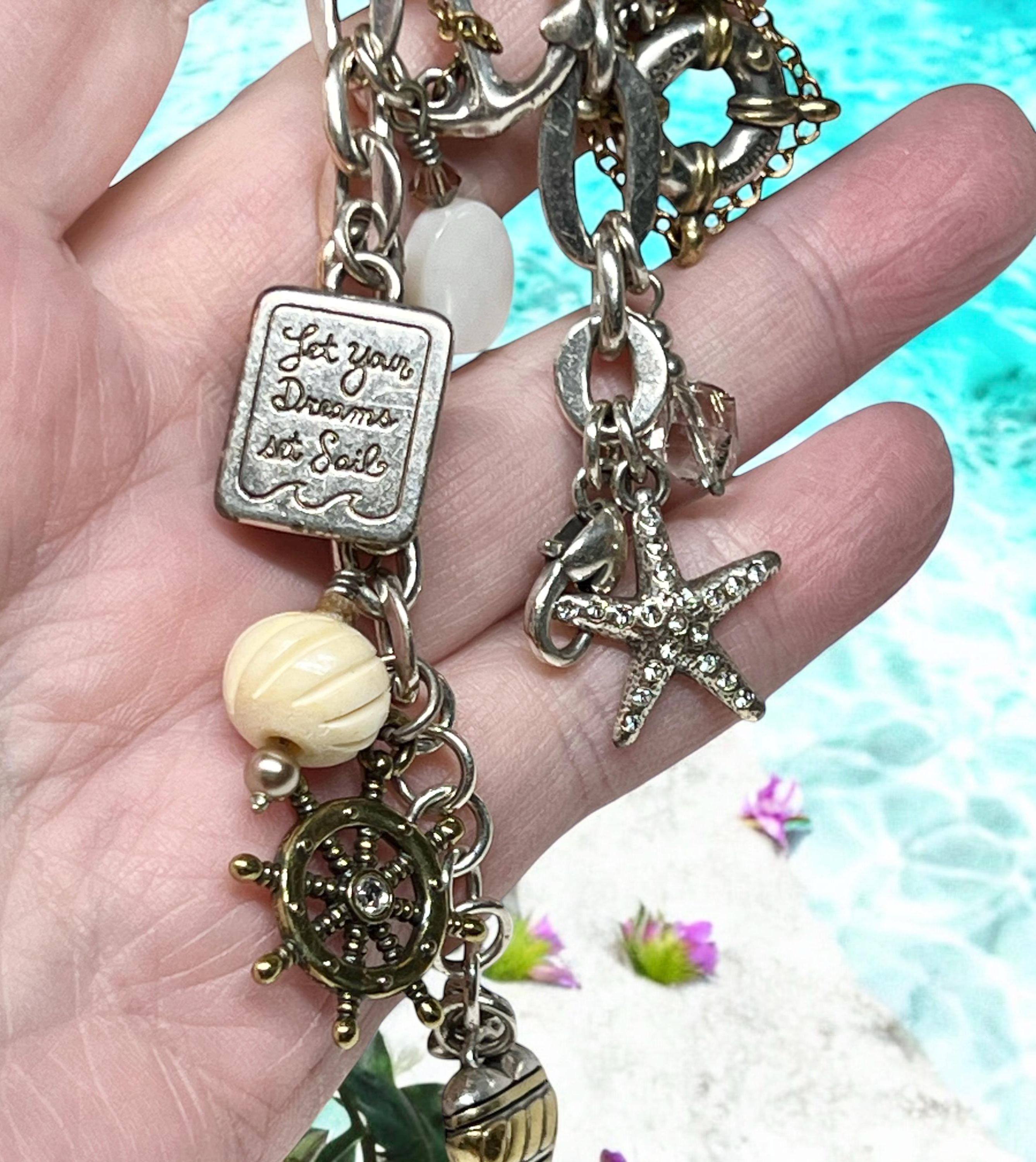 Authentic Brighton® Beach Charm Bracelet Keepsake Adjustable Silver Pam Trees Shells Sea Life Vintage Vacation