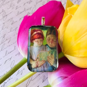 Mary Cassatt &#39;Nurse Reading to a Little  Girl&quot; Impressionist Fine Art Pendant, 0.925 Silver Necklace