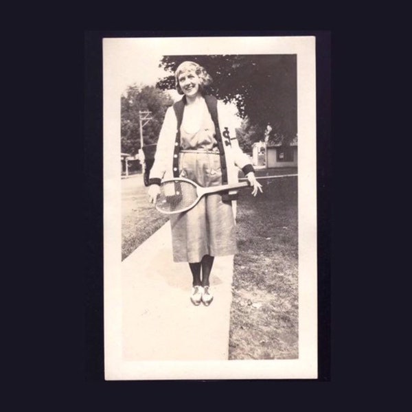 Vintage Snapshot Photograph 1920s Black & White Girl In Letterman Sweater W/ Tennis Racquet