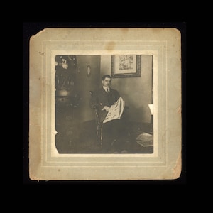 Antique Cabinet Card 1900s Edwardian Era Photograph Handsome Man Reading Newspaper