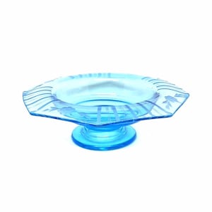 Vintage Imperial Blue Depression Glass Console Bowl / Fruit Bowl Sea Blue Etched Glass Vintage 1930s