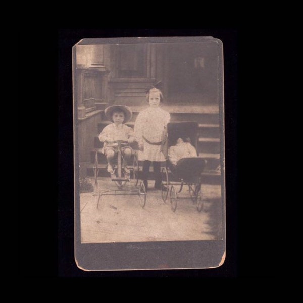 Victorian Cabinet Card Photo Little Kids & Toy Doll / 1800s Creepy Photograph