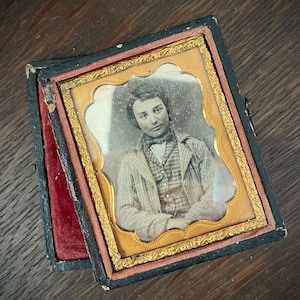 Victorian Daguerreotype Photo 1/9th Young Character In Handmade Clothes W/ note