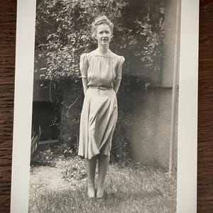 Vintage 1940s Snapshot Photo Pretty Woman In Flowing Dress Minimalist Photo