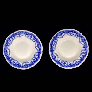 Antique Johnson Bros Bue Danube Flow Blue Soup Vegetable Serving Bowls Victorian Filigree 1800s China