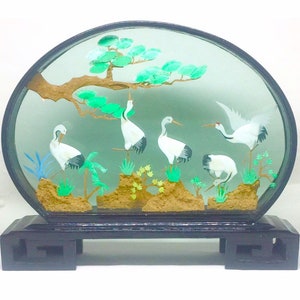 Escultura de corcho de diorama 3D de laca negra china japonesa MCM vintage / Grúas de bambú