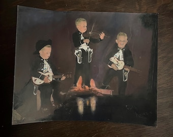 Antique Snapshot Photo Heavily Tinted Baby Cowboy Musicians Country Western