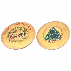 Vintage Christmas Wood Trays / Plates / Danish Mid Century / Hand Painted / Christmas Tree & Sleigh