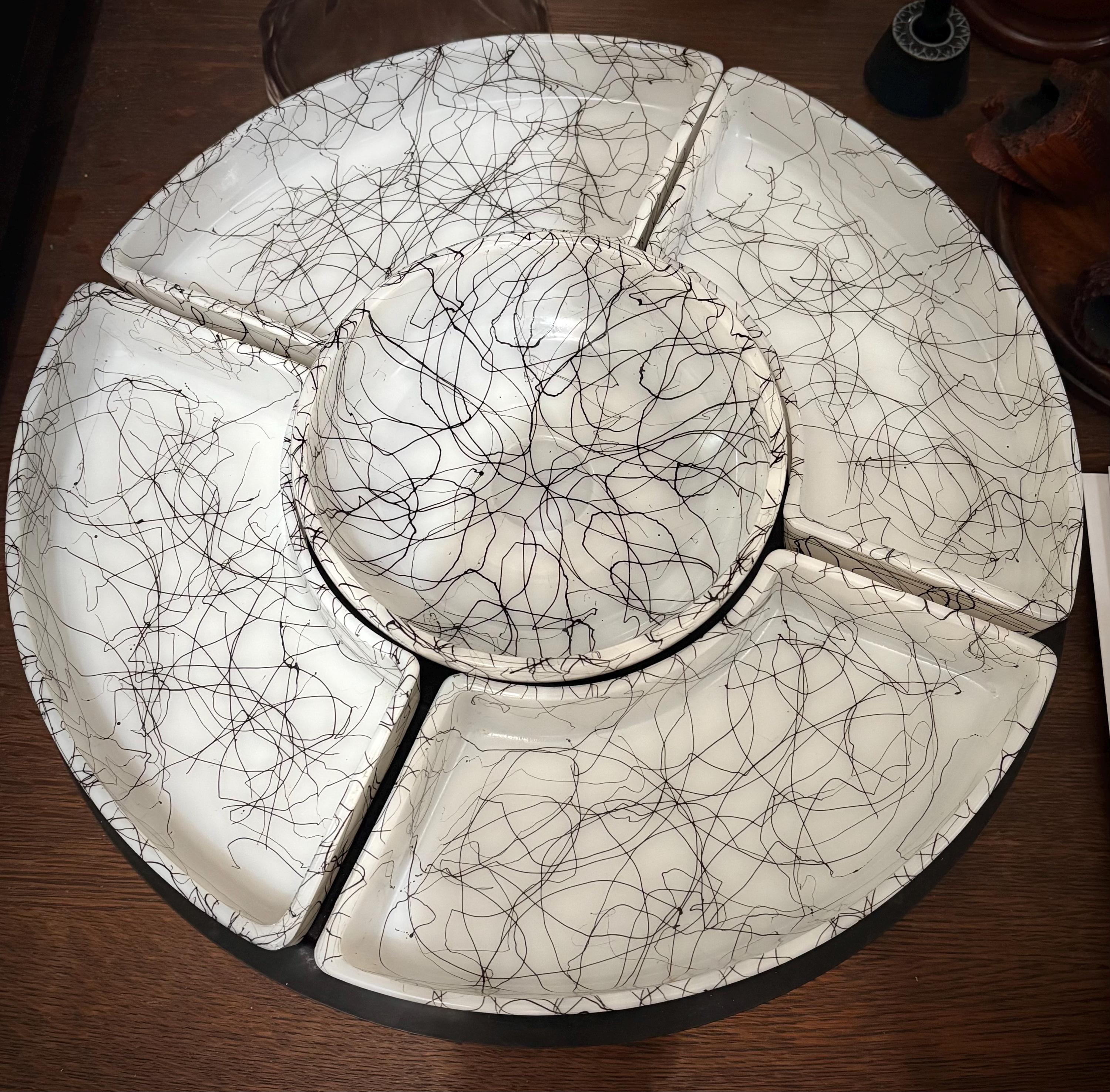 1960s ヘーゼルアトラス　Hazel Atlas スパゲティ　ボウル皿 Vintage Hazel Atlas Black Drizzle String Spaghetti MCM Milk Glass