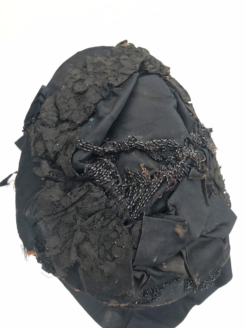 Victorian Mourning Hat /& Crepe Ribbons Black Beads Black Lace 1800s Civil War Era Antique Women\u2019s Fashion