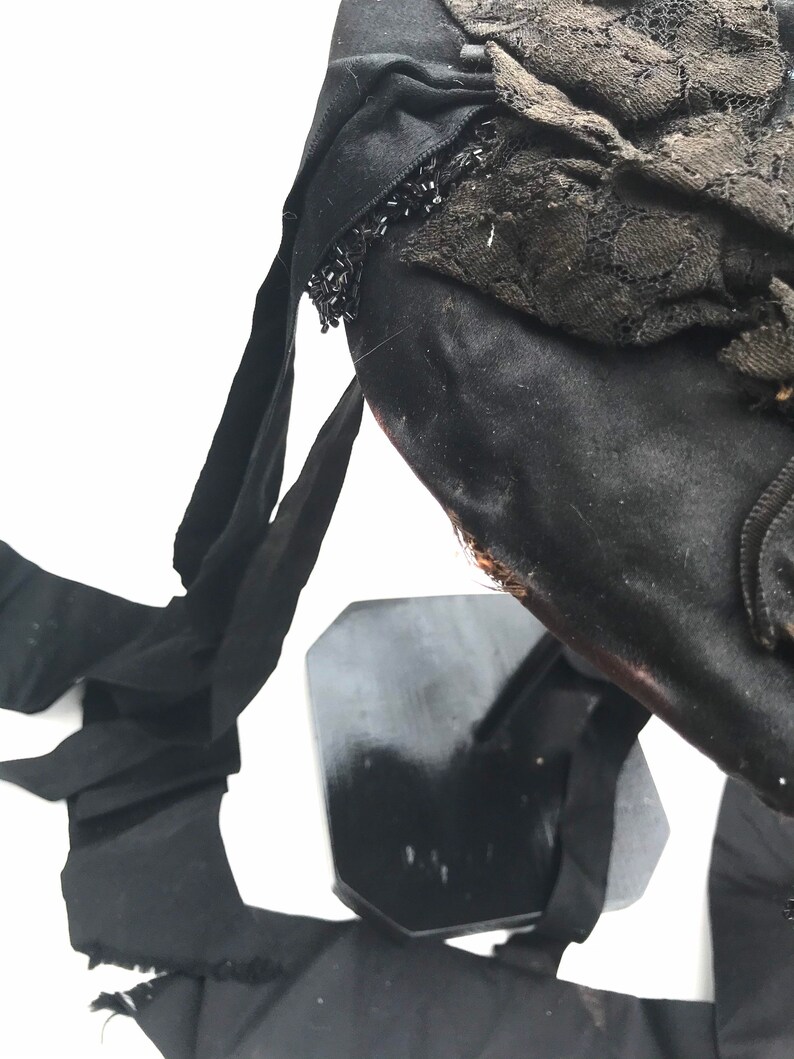 Victorian Mourning Hat /& Crepe Ribbons Black Beads Black Lace 1800s Civil War Era Antique Women\u2019s Fashion