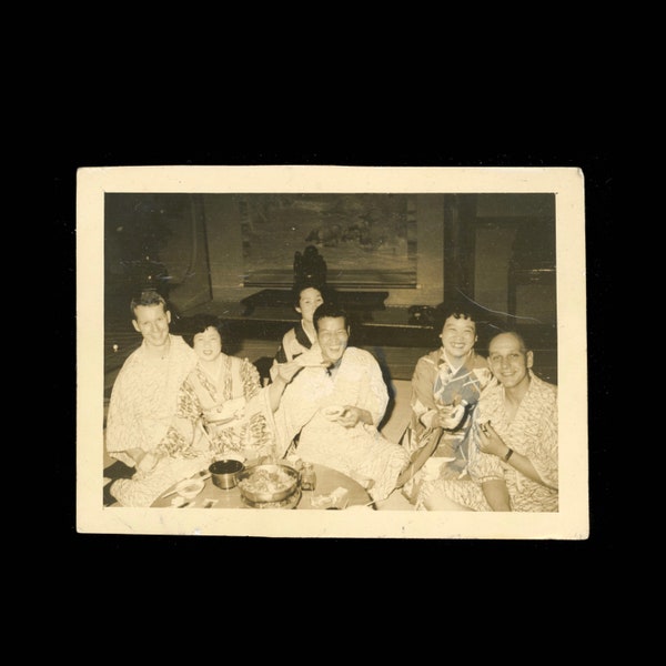 Vintage Snapshot Photograph American Soldiers & Japanese Folks Laughing - Having A Good Time 1950s Photo