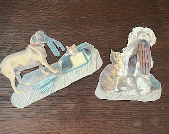 Antique German Embossed Diecuts Dog & Cat Victorian 1800s Die Cut Animals