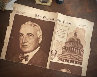 President Warren G. Harding Death Detriot Free Press Newspaper Roto Section August 12th 1923 Calvin Coolidge Sworn In