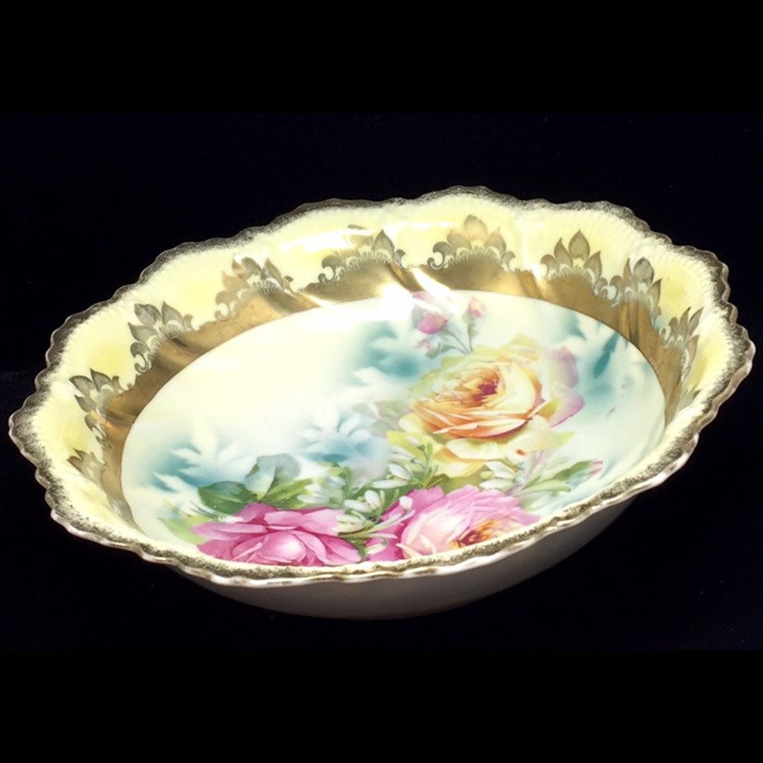 Antique Leuchtenburg Germany Gold Yellow Rose Serving Bowl Victorian