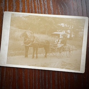 Antique Victorian Cabinet Card Photo Outdoor Scene Woman Horse & Buggy