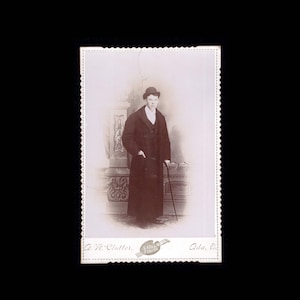 Victorian Cabinet Card Photograph Young Man in Winter Overcoat & Walking Stick / Ada Ohio