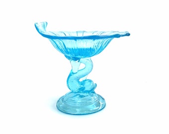 Northwood Glass Blue Opalescence Dolphin Compote