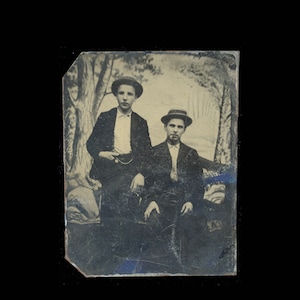 Antique Victorian Tintype Photograph Two Young Wannabe Ruffians / Young Boys In Boater Hats 1800s Photo