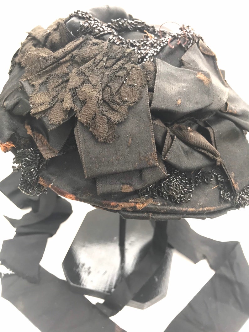 Victorian Mourning Hat /& Crepe Ribbons  Black Beads  Black Lace 1800s Civil War Era Antique Women\u2019s Fashion