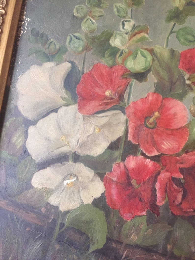 Victorian Gold Wood Frame Antique American School Oil Painting Still Life Botanical 19th c