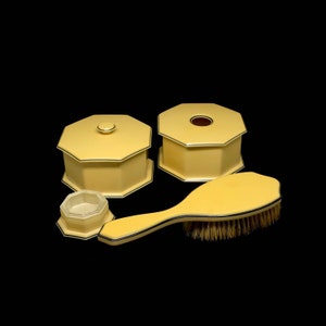 Zestaw Vintage Tusculor 4 Piece Vanity Set, Art Deco Celluloid Hair Receiver / Puderniczka