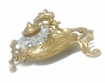 Antique Art Nouveau Inkwell Pen Tray 1900s Brass Glass Well & Lid