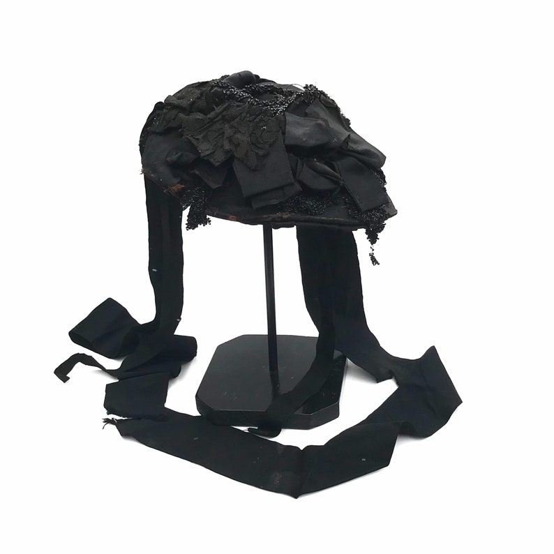 Victorian Mourning Hat /& Crepe Ribbons Black Beads Black Lace 1800s Civil War Era Antique Women\u2019s Fashion