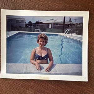 Vintage 1960s Snapshot Photo Lady In Bikini Backyard Pool Wes Anderson Style