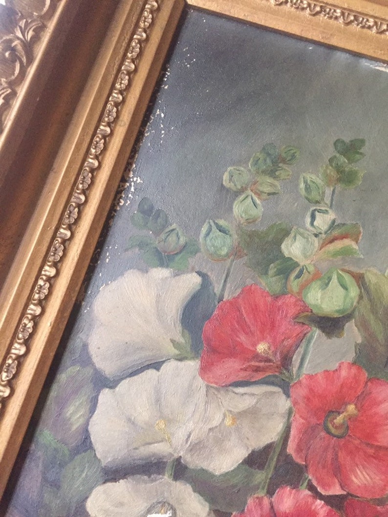 Victorian Gold Wood Frame Antique American School Oil Painting Still Life Botanical 19th c