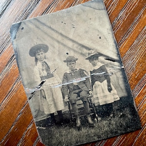 Antique Victorian Tintype Photograph 3 Children / Ruinous Photo / Creepy Old Picture