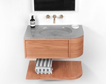 Floating Vanity and shelf with Oval Basin - Handmade, UHPC, Waterproof. Custom Dim, Modern Luxury Bathroom. Interior Design, Rustic Style.