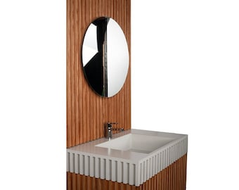 Double Sink Vanity: Handmade UHPC, Walnut Wood. Waterproof, Brackets Included. Customizable. Modern design with rustic-style sink.