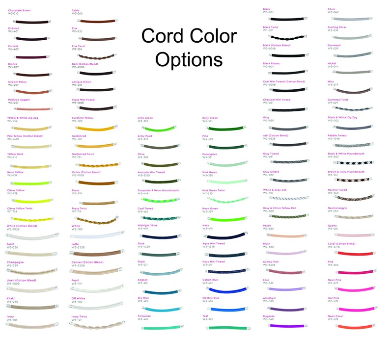 Pu&ograve; includere: Opzioni di colore del cordoncino per la creazione di gioielli. Una tabella con 60 colori di cordoncino diversi, ognuno con un nome e un codice colore corrispondente.