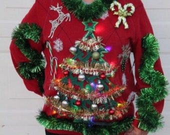 Christmas Tree Light Up Tacky Ugly Christmas Sweater, Any Size Available