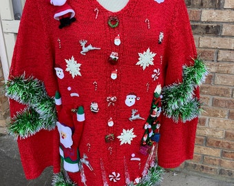 Tacky Ugly Ho Ho Ho Santa Overload XMAS Red Christmas Sweater LiGhts UP Womens Size XL