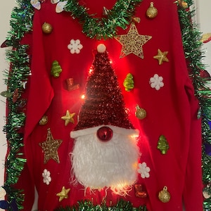 Santa Gnome Hohoho Tacky Ugly Cute Christmas Xmas Party Sweater Lights Up! Any Size Red and Green