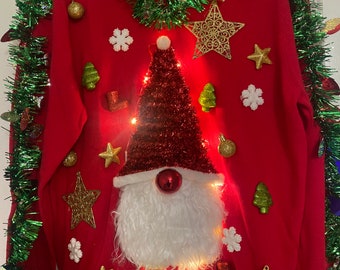 Santa Gnome Hohoho Tacky Ugly Cute Christmas Xmas Party Sweater Lights Up! Any Size Red and Green