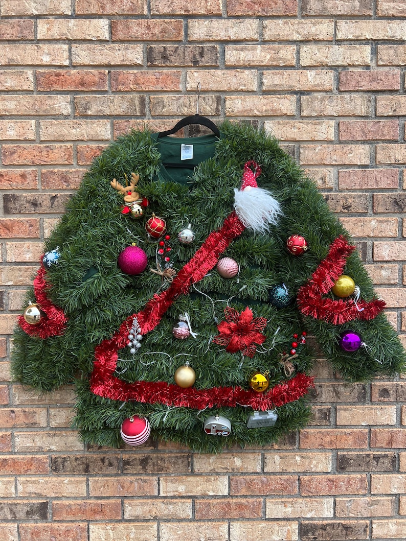 Walking Christmas TREE LiGhT UP Tacky Ugly Hilarious Christmas Sweater Any Size Custom Made Colors/Ornaments May Vary image 3