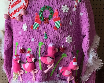 Merry Flockmas Flamingo Tacky Ugly PINK Christmas Party Sweater Lights Up Made to Order - Shade of Pink May Vary!!