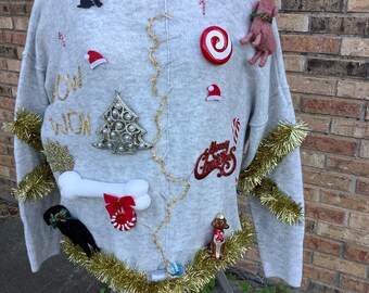 Tacky Ugly Xmas Bow Wow Dog Lover Christmas Sweater LiGhts UP Womens Size Large