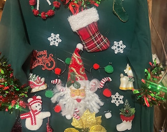 Tacky Ugly Merry Xmas Christmas Santa Light Up Mens Large Green Sweater
