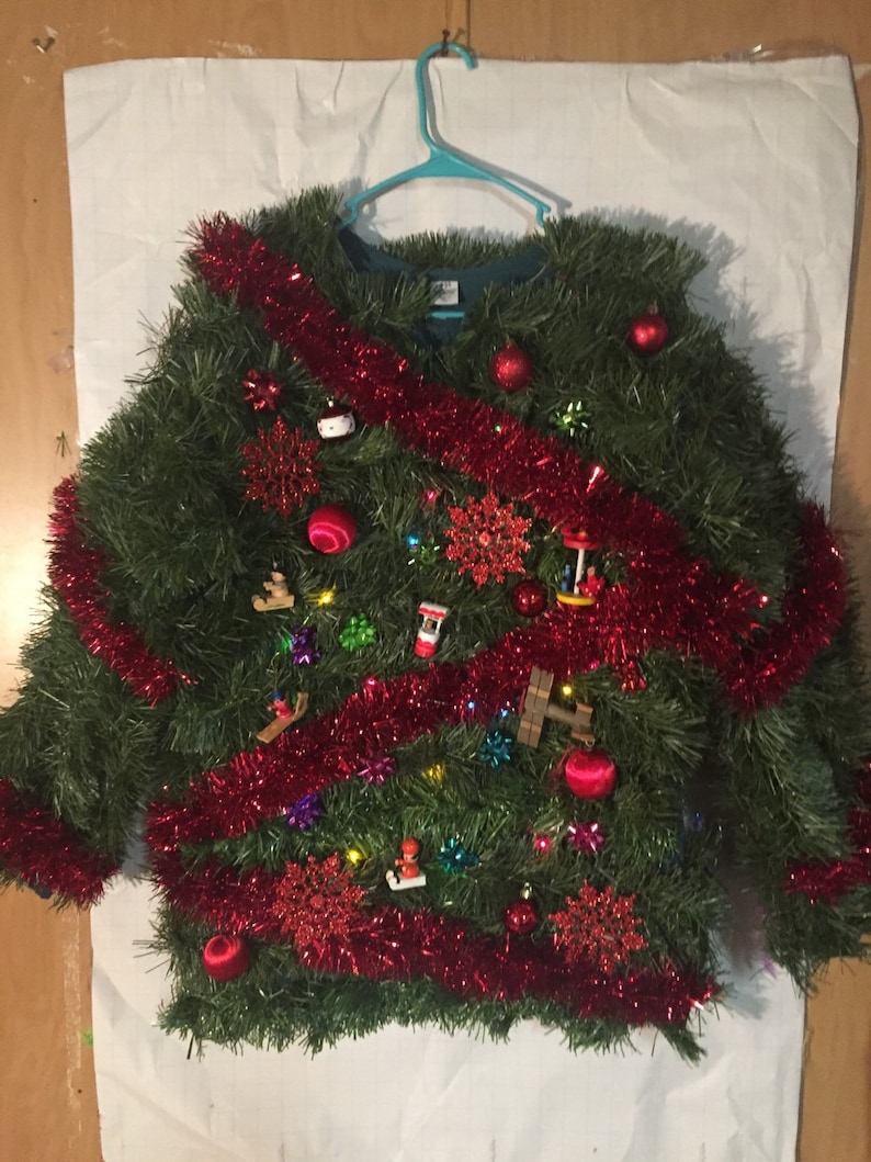 Walking Christmas TREE LiGhT UP Tacky Ugly Hilarious Christmas Sweater Any Size Custom Made Colors/Ornaments May Vary image 4